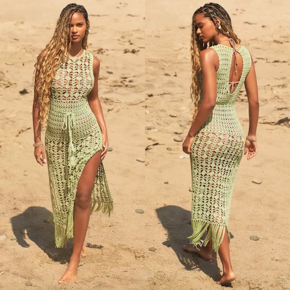 Lulus Endless Waves Sage Green Crochet Fringe Midi Swim Cover-Up